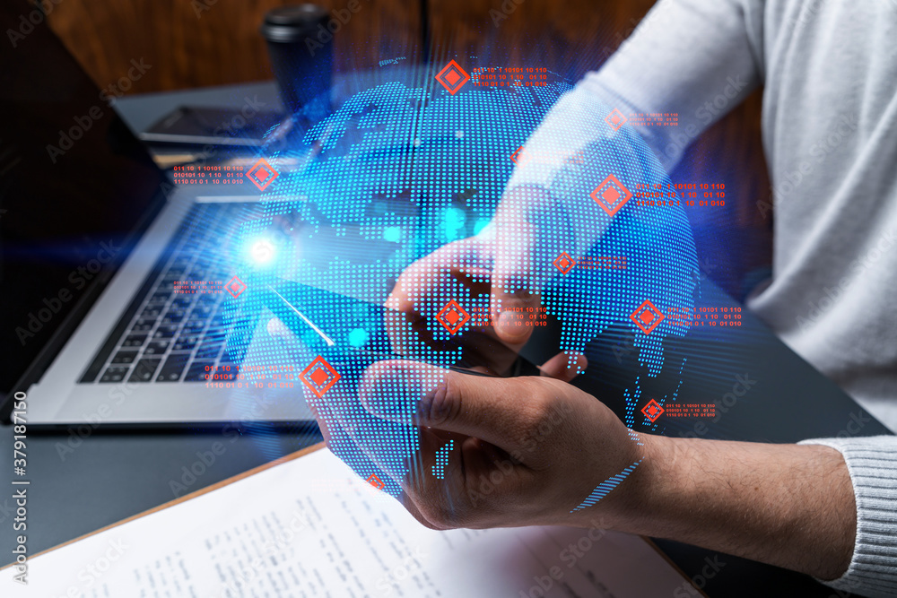Man using phone. Hands typing smartphone. Double exposure with world map planet earth hologram. Close up. Internet and people connection concept. Man using phone. Hands typing smartphone. Double exposure with world map planet earth hologram. Close up. Internet and people connection concept.