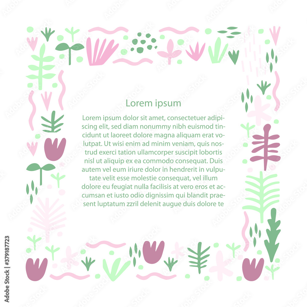 Flat vector template for greeting cards, invitations, stories, books. A frame with drawn Botanical illustrations and decorative elements with space for text. Scandinavian style Flat vector template for greeting cards, invitations, stories, books. A frame with drawn Botanical illustrations and decorative elements with space for text. Scandinavian style
