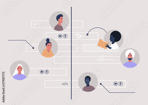 A teamwork organisational timeline scheme, a diverse group of young professionals working together on a project