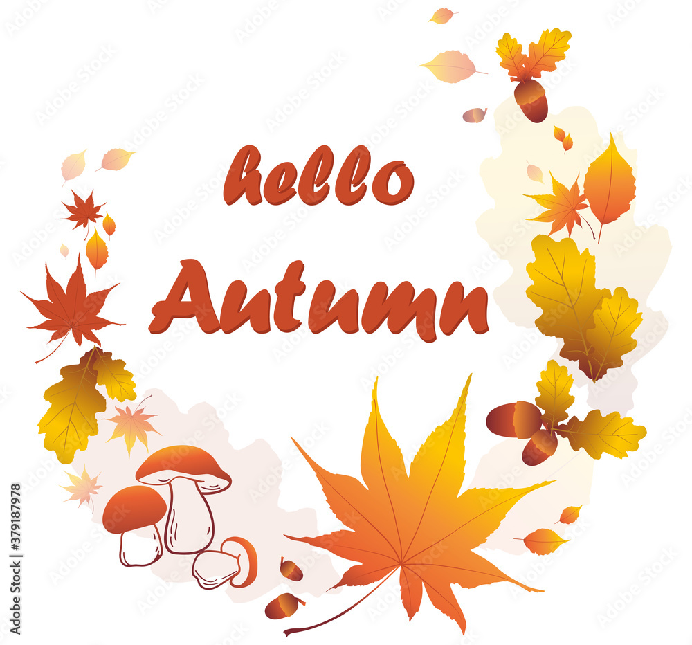 Hello, Autumn. Bright, colorful wreath of autumn leaves, mushrooms, acorns
