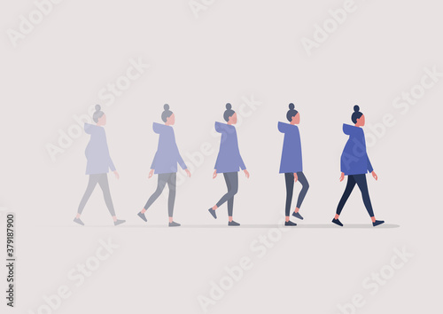 A young female character walking in a blurred motion, an animation sequence