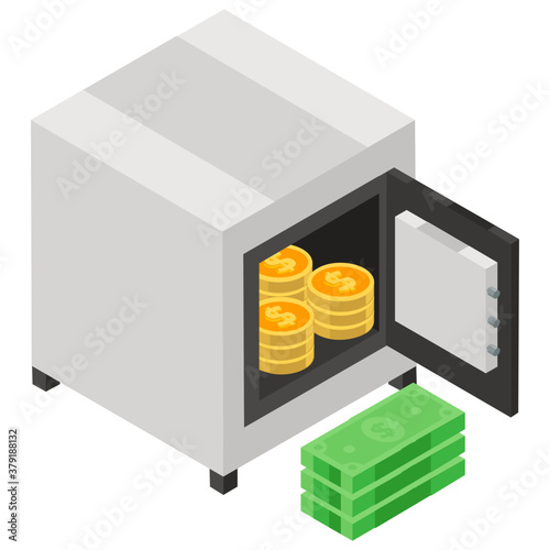 
Isometric icon of bank safe, saving money and wealth 
