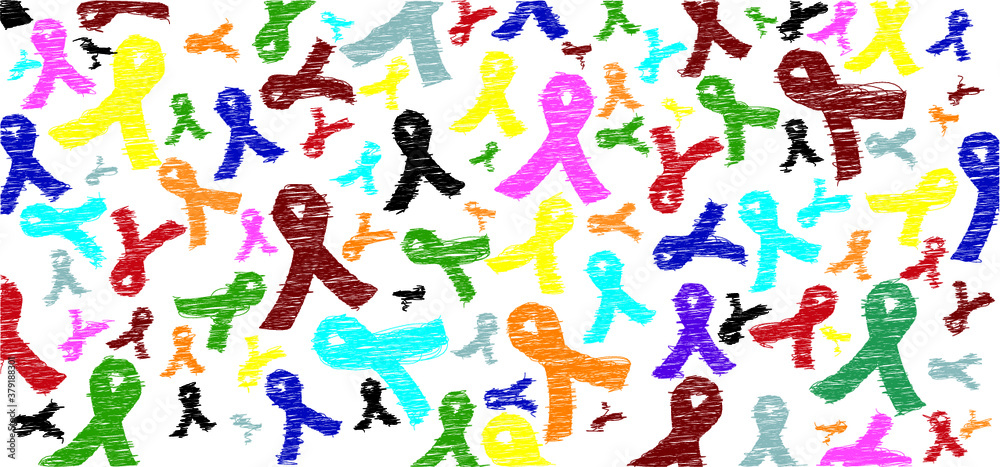 World cancer day Awareness month on february Color ( orange pink rose purple red blue yellow green ) ribbons background for supporting people living and illness. Healthcare and medicine concept Stop