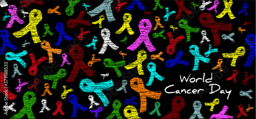 World cancer day Awareness month on february Color   orange pink rose purple red blue yellow green   ribbons background for supporting people living and illness. Healthcare and medicine concept Stop