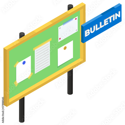 
Types of news documents pasted on board depicting bulletin board, isometric icon
