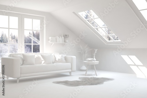 White living room with sofa and winter landscape in window. Scandinavian interior design. 3D illustration