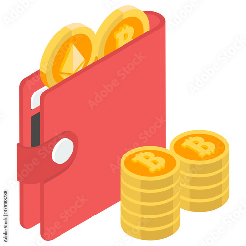 
Wallet with bitcoin, isometric cryptocurrency wallet style 
