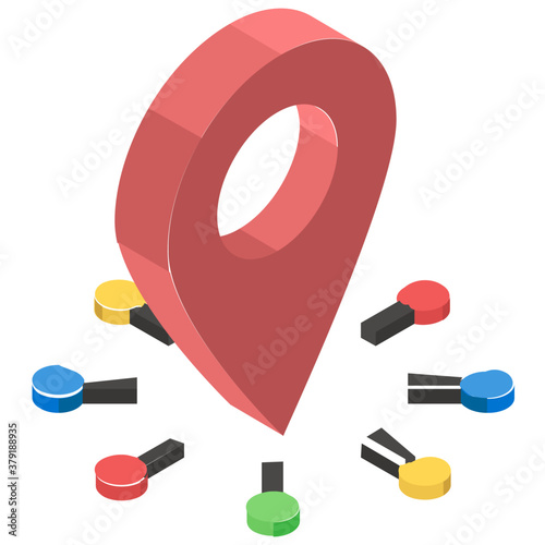 
Location pin surrounded by nodes, icon of distributed network structure 
