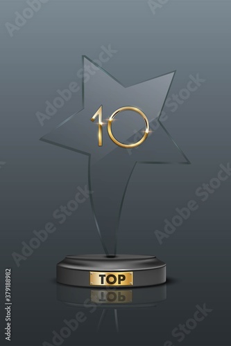 Top 10 award trophy. Star shaped prize with gold number 10. Champion glory in competition vector illustration. Hollywood fame in film and cinema or championship in sport