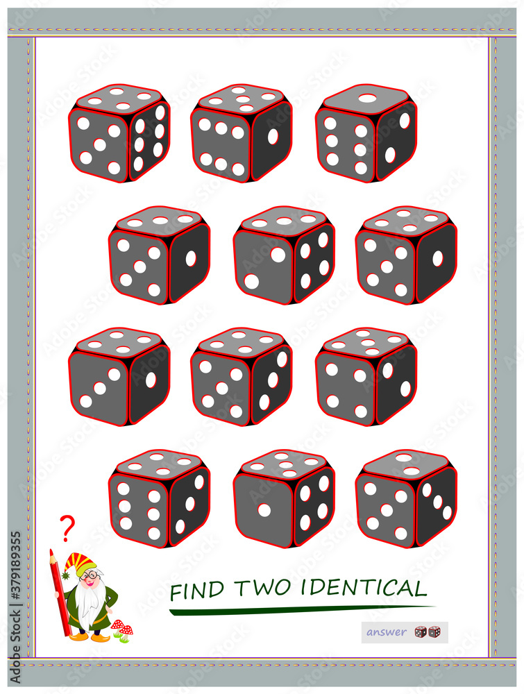 Logic puzzle game for children and adults. Find two identical dices