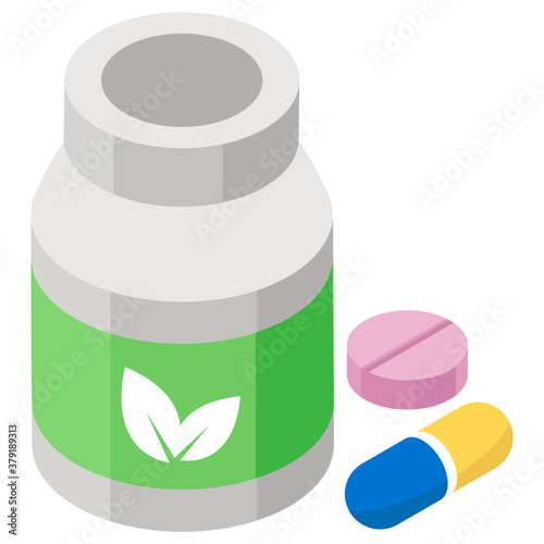 
Leafs on bottle with tablets and capsule showcasing herbal medicine 

