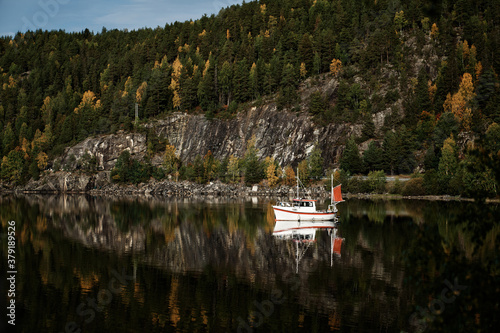 A boat anchored up at Krøderen, Norway. Norway's second largest lake. 