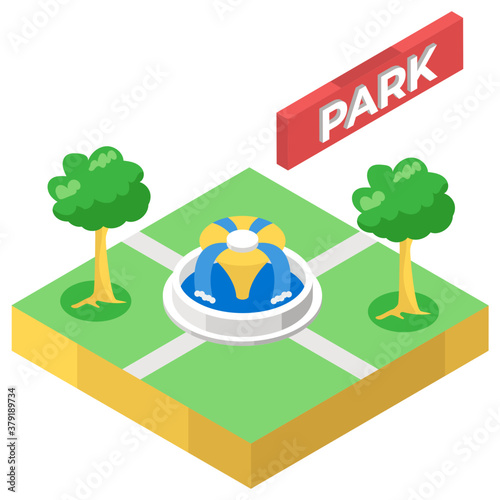 
Colonial park with central water fountain, icon in isometric style 
