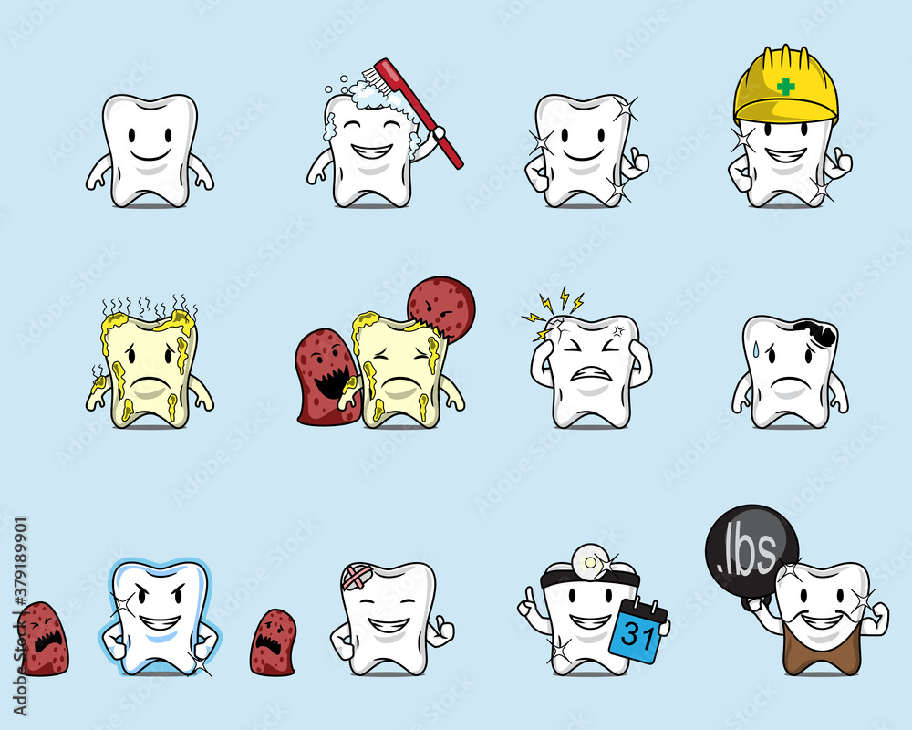 cartoon set of tooth character represent a dental care awareness