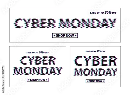 Cyber monday sale advirtising banner set in glitch pattern. Special offers and discounts on electronics and technology. Digital design vector illustration. Online shopping, black text in frames photo