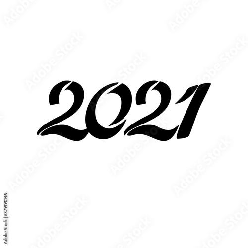 2021 hand written lettering with black text on white background. Happy New Year card design.