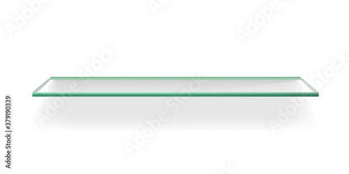 Glass empty green shelf on white background. Modern realistic rectangle panel, surface with shadow. Design interface element vector illustration. Office bookshelf or display