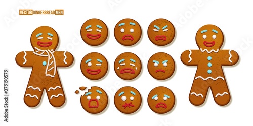 Gingerbread man cookies with different emotions set. Christmas holiday candy decoration vector illustration. Happy, cheerful, cute, sad, angry, funny faces. Traditional sweet xmas ginger biscuits