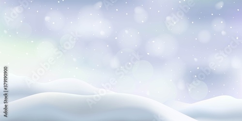 Winter snow in Christmas holiday background. Holiday celebration card vector illustration. Snowy landscape with snowflakes falling from sky. Abstract magic nature decor wallpaper