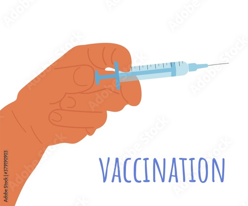 cartoon hand holds a syringe with a vaccine. Lettering Vaccination. Health care and protection. Medical treatment. Doctor. Vector illustration isolated on white.