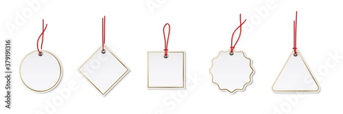 Price or label tags mockup template set. Blank cards with red strings for gifts or sales with different shapes: round, rectangle, square. Empty stickers with gold frames vector illustration
