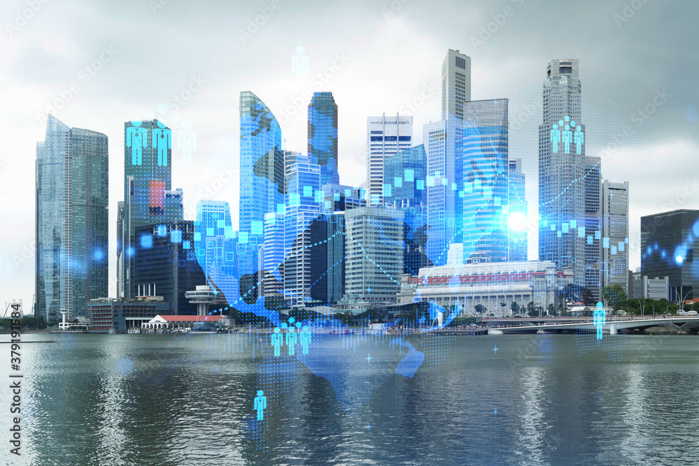 Fototapeta premium Social media icons hologram over panorama city view of Singapore, Asia. The concept of people networking and connections. Double exposure.