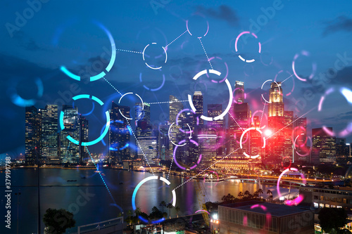 Canvas Print Abstract technology icons, night aerial panoramic cityscape of Singapore, Asia