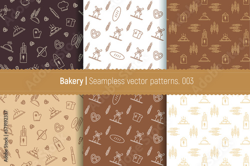 Vector set of design patterns for packaging bakery products in a fashionable linear style. Seamless patterns with linear icons: bread, loaves, pretzel, flour, dough, mill. Templates for creating logos