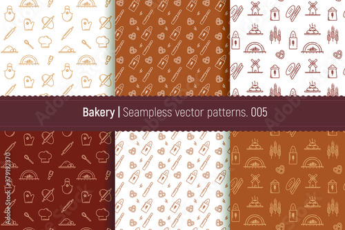 Vector set of design patterns for packaging bakery products in a fashionable linear style. Seamless patterns with linear icons: bread, loaves, pretzel, flour, dough, mill. Templates for creating logos