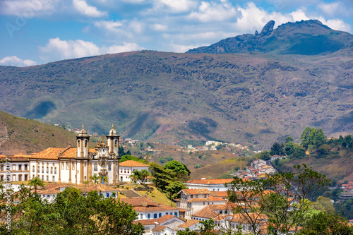 Top view of one of the many historic churches in Baroque and colonial style from the 18th century in the city of Ouro Preto in Minas Gerais, Brazil