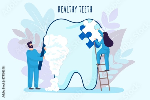 Dentist tiny people care of big white tooth Dental clinic background vector illustration concept Medicine people work in stomatology with toothbrush