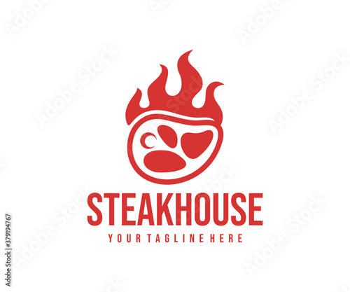 Steakhouse, steak with flame, logo design. Food, restaurant, meal and meat, vector design and illustration