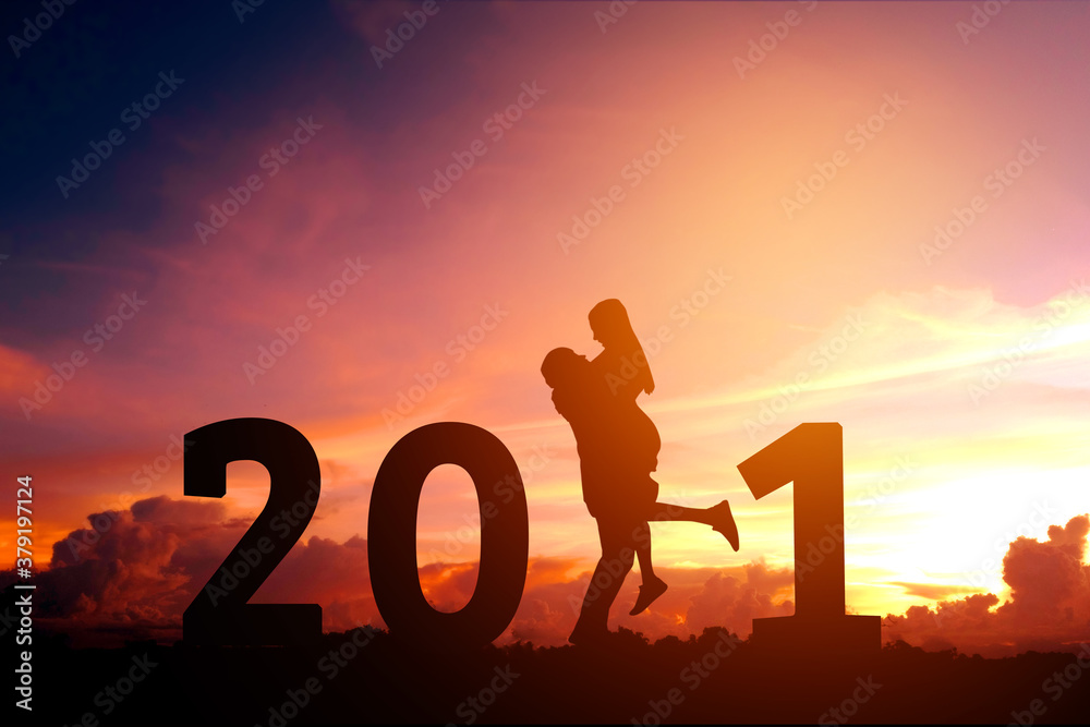 2021 Newyear Silhouette young couple Happy for romantic new year concept. 2021 Newyear Silhouette young couple Happy for romantic new year concept.