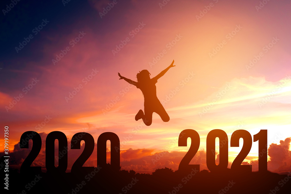 2021 Newyear Silhouette young woman jumping to Happy new year concept. 2021 Newyear Silhouette young woman jumping to Happy new year concept.