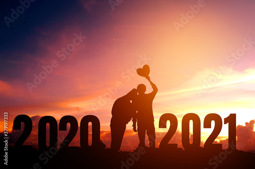 2021 Newyear Silhouette young couple Happy for  romantic new year concept.