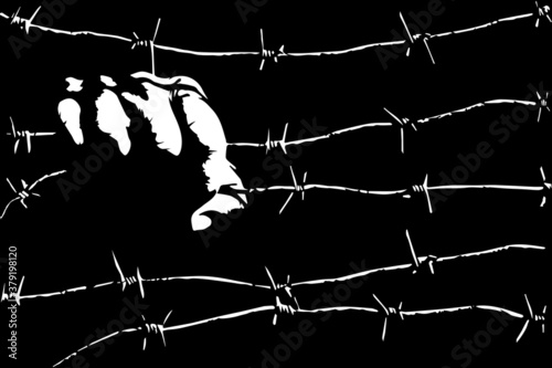 Prison, slavery, captivity, concentration camp concept with a male hand holding barbed wires. Black and white vector illustration. photo