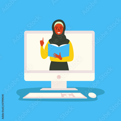 Flat vector illustration of an Arab woman teaching or working online. Muslim arab woman teacher in virtual class holds open book. Remote work concept, online class, tutor lessons, broadcast