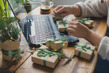 Christmas online shopping, sales and discounts promotions during the Christmas holidays, online shopping at home and lockdown coronavirus.Xmas