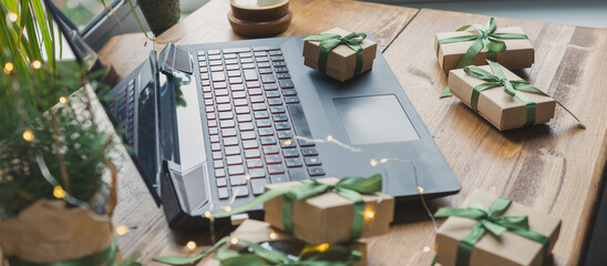 Christmas online shopping, sales and discounts promotions during the Christmas holidays, online shopping at home and lockdown coronavirus.Xmas