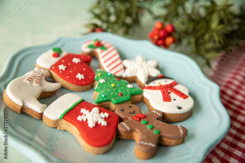 christmas gingerbread cookies on a wooden table