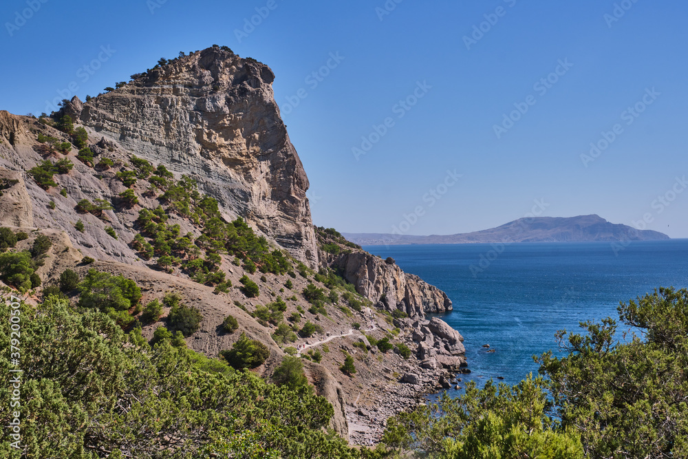 Golitsyn trail off coast of Blue Bay. Mountain trail cut on slope of Mount Koba-Kaya. Tourist route near Novy Svet, Crimea
