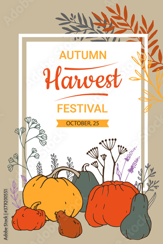 Autumn harvest festival banner concept with frame, pumpkins, leaves and floral element. Hand drawn vector illustration for prints, flyers, banners, invitation cards.