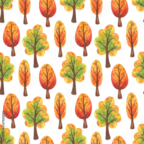 Autumn park. Seamless pattern with yellow and orange falling trees on a white background. Decorative print for fabrics, textiles, and paper. Stock image with watercolor children's illustrations.