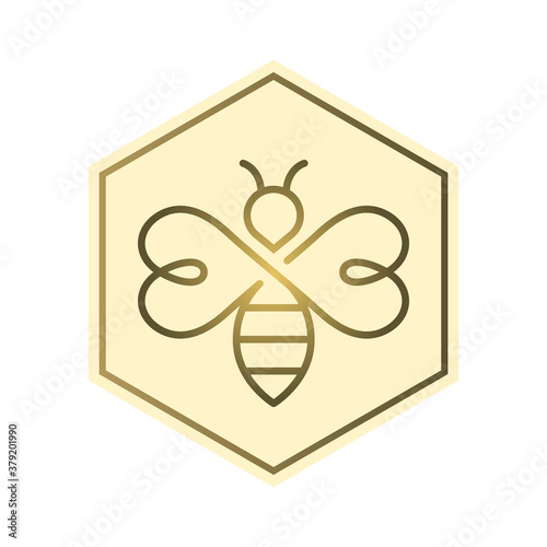 Bee in honey comb vector logo design. Honey bee icon label in color.