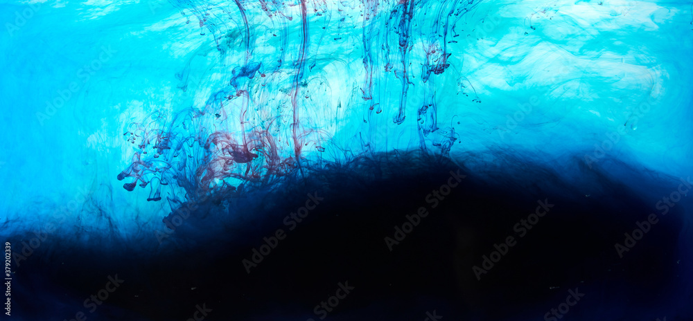 Fototapeta premium Closeup of a blue, black and red ink in water in motion isolated on white. Ink swirling underwater. Colored abstract smoke explosion effect. Abstract background with copy space..