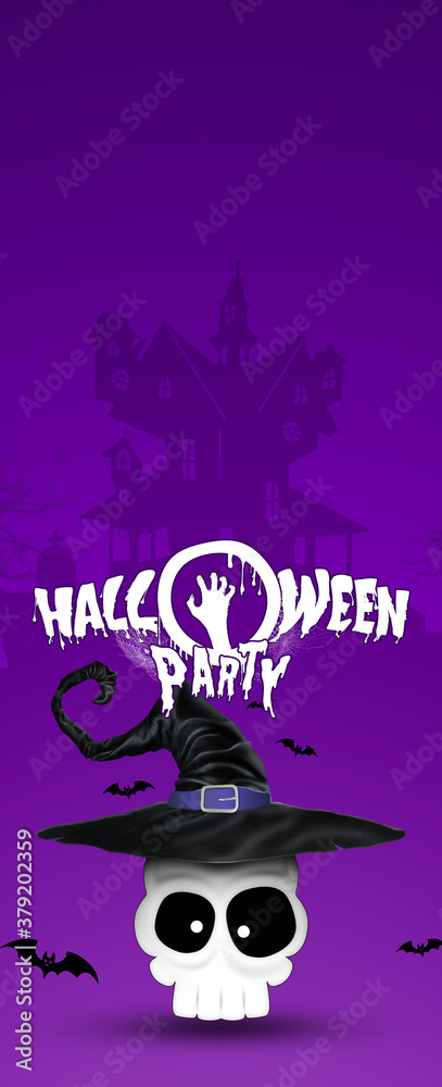 Happy Halloween Banner. Lettering Halloween party Skull wearing a witch hat. Scary Jack. Vertical flyer, header for website. Copy space, 3D illustration, 3D render.