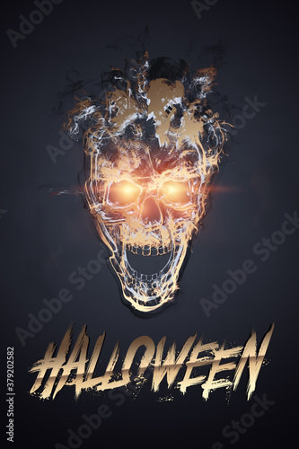Creative Halloween Banner. The inscription Halloween and the skull on a dark background. Vertical flyer  header for website. Copy space  3D illustration  3D render.