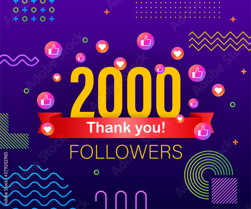Thank you 2000 followers numbers. Congratulating multicolored thanks image for net friends likes.