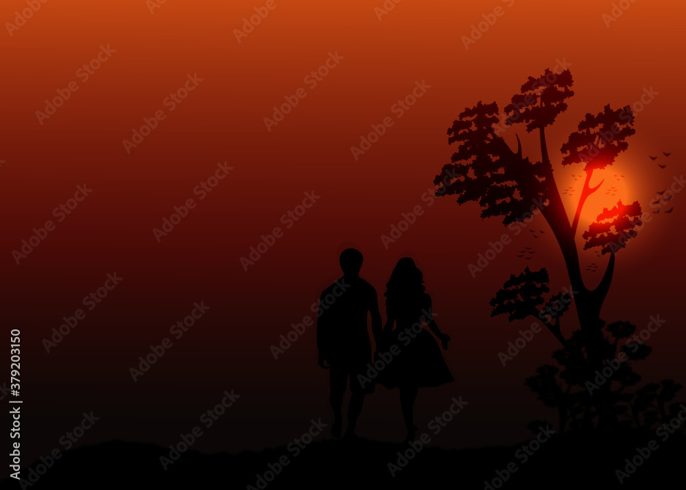 Illustration abstraction of a couple walking in the evening time, very romantic scene and background concept isolated
