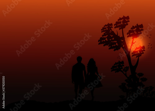 Illustration abstraction of a couple walking in the evening time, very romantic scene and background concept isolated